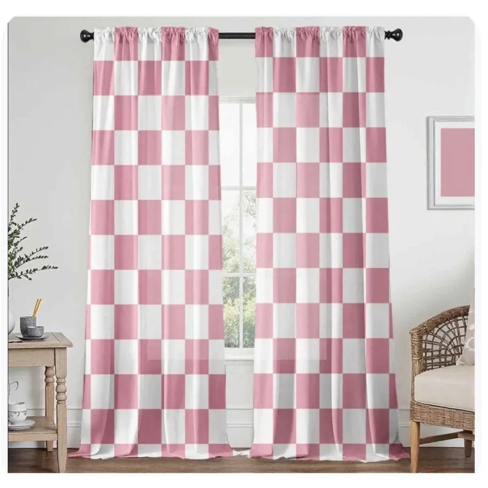 Pink White Checkered Curtains 2 Panel Set 52